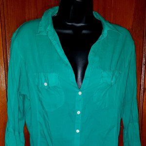 Max Studio 3/4 Sleeve Button-Down Shirt Green 100% Cotton Sz L Large